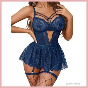 Lace Bodysuit Teddy with Removable Skirt & Garter Belt S-XXL
